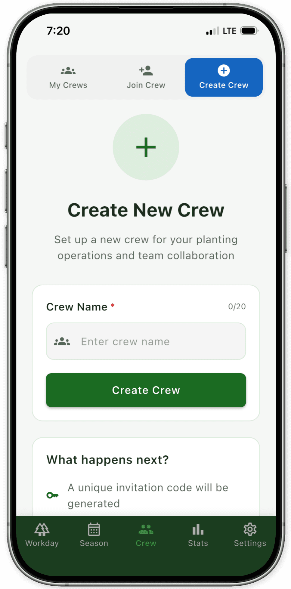 Create crews and invite your planters to join with unique invitation codes.