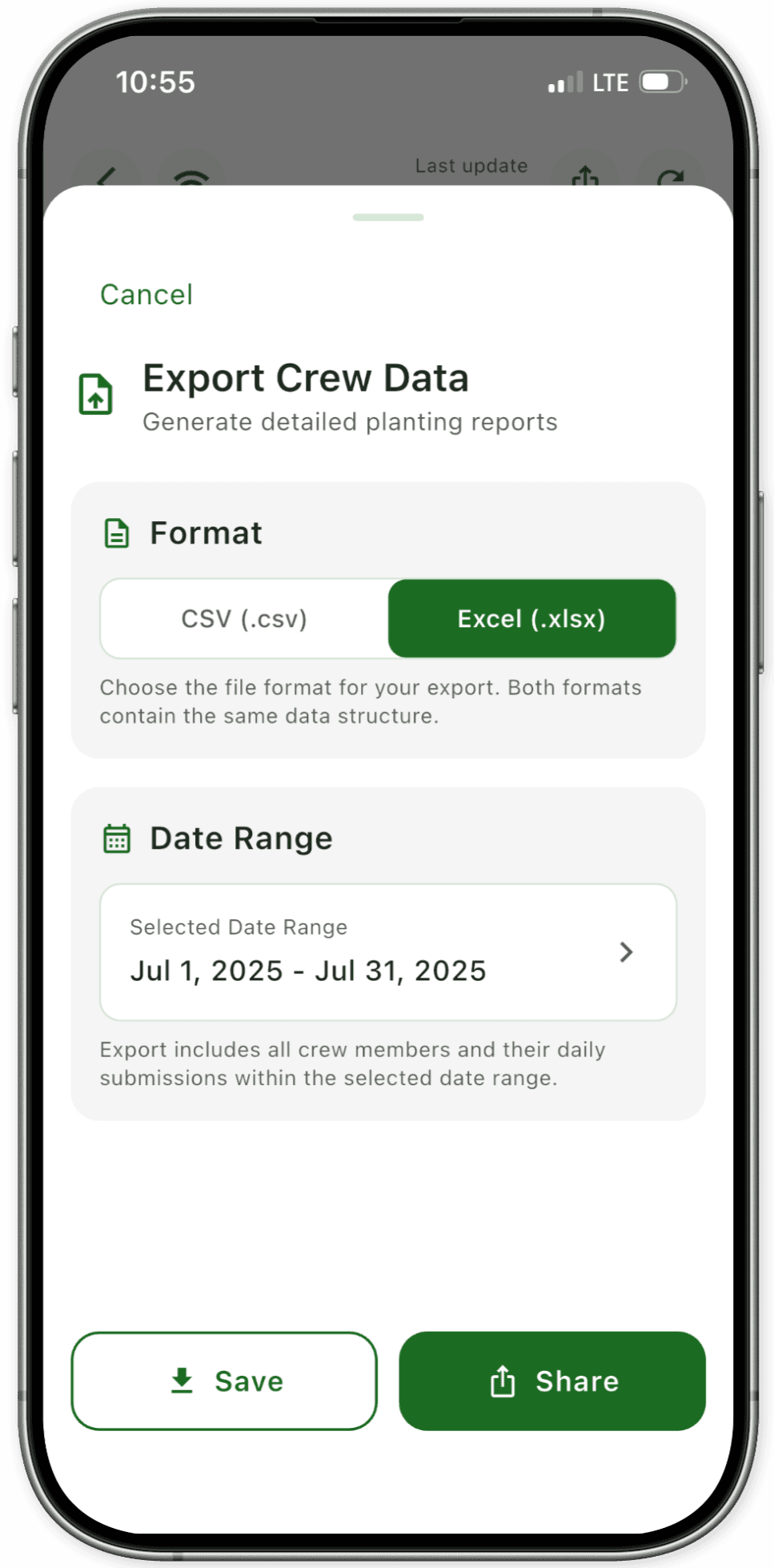 Foreman can easily export and send crew data for payroll and stock tracking.