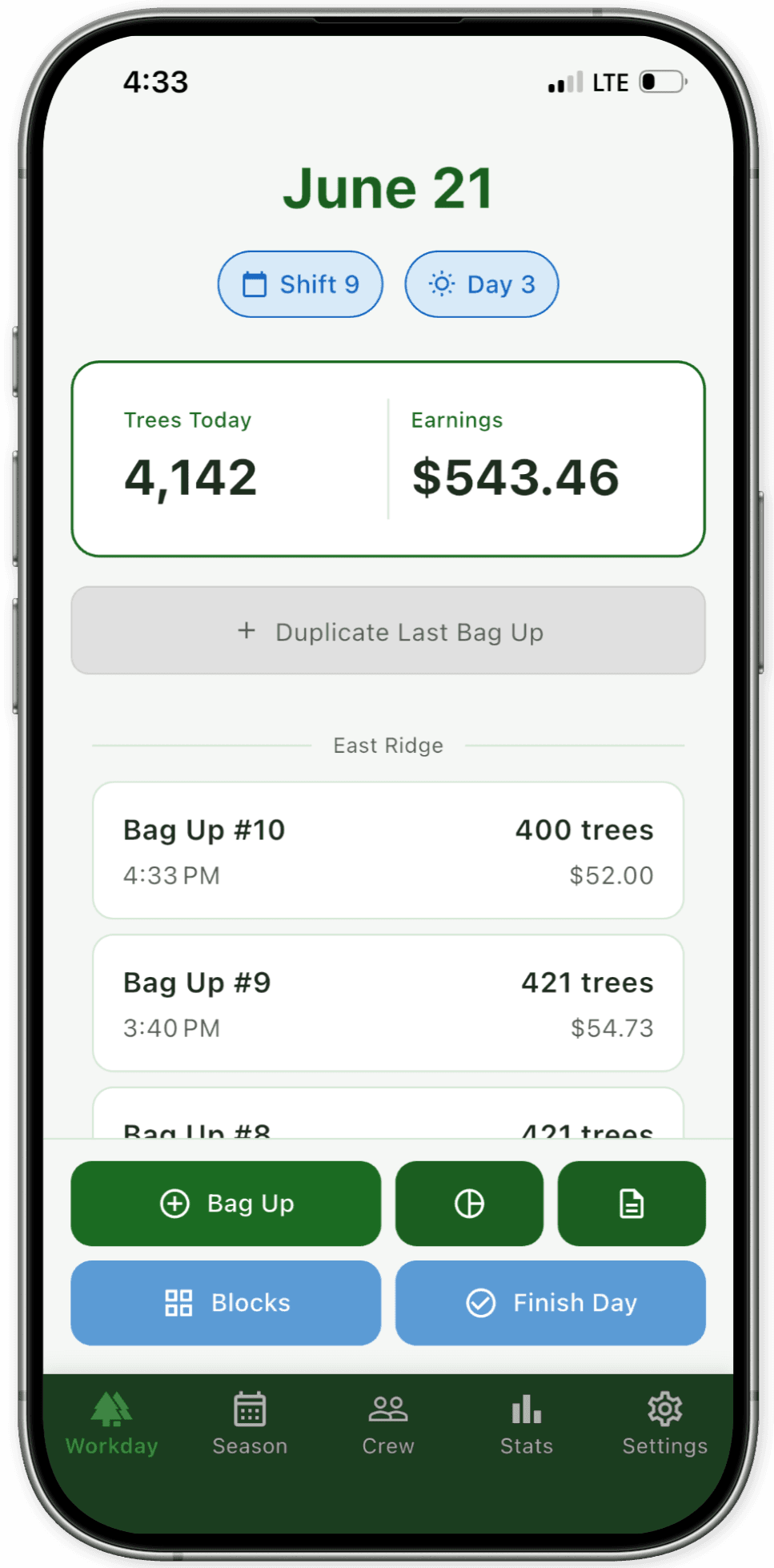 Planter Pro workday detail view with planting metrics